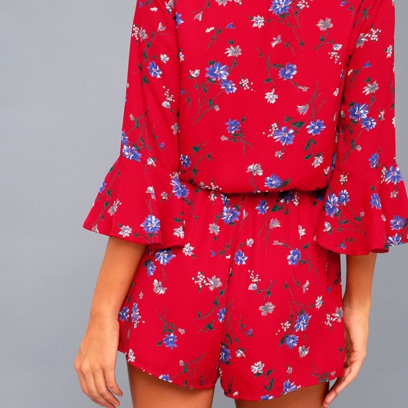 Bronwen Red Floral Print Flounce Sleeve Romper - Picture 6 of 8